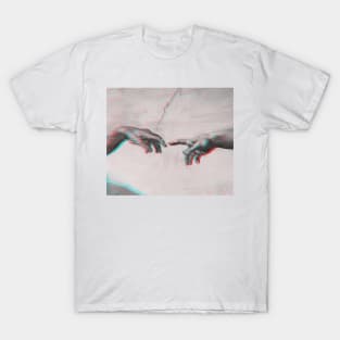 The Creation of Adam in GLITCH - Sistine Chapel near-touching hands of God and Adam Red Colorized T-Shirt